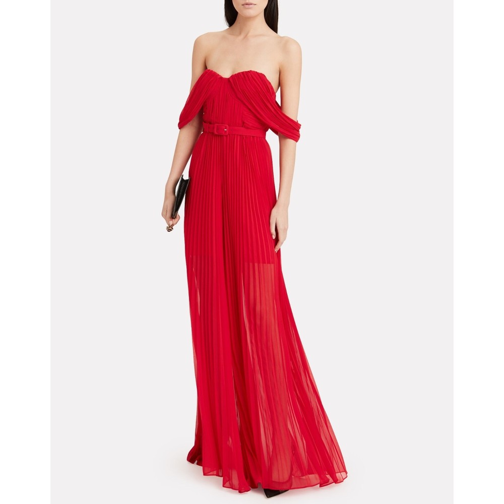 Self-Portrait Red Off-Shoulder Pleated Maxi Dress